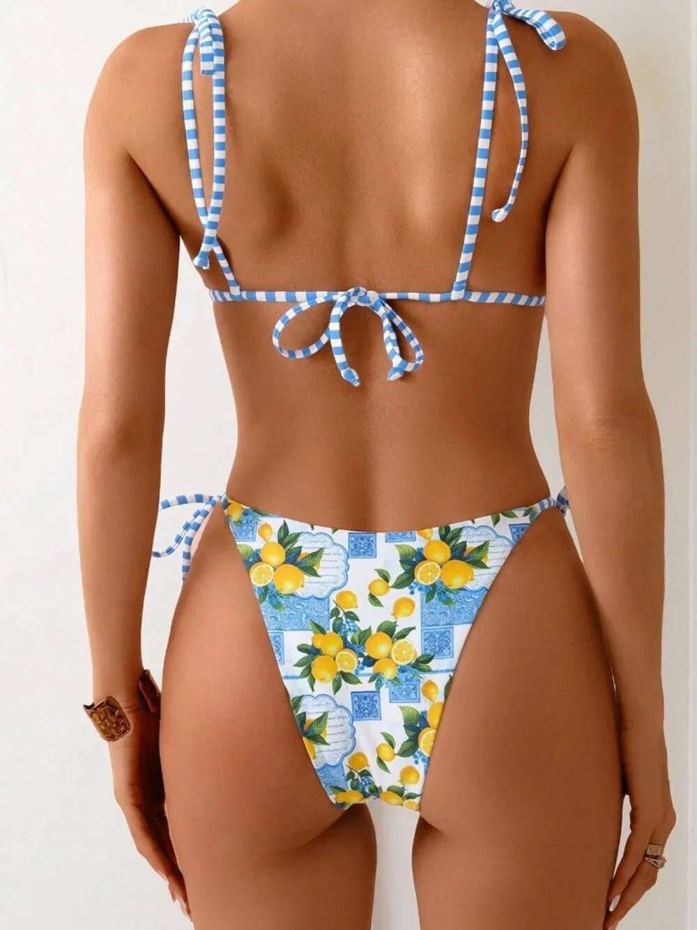 Multicolor Cute Women's Beach Bowknot Lemon Printed Knot Bikini Set